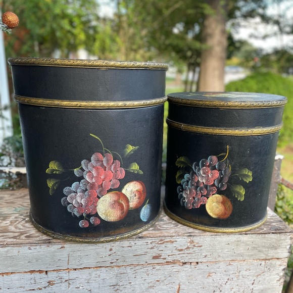vintage black painted fruit floral 2 wood storage bins French Country primitive